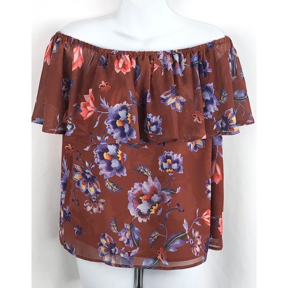 Vintage off shoulder chiffon top m brown floral Ruffles cottagecore boho peasant